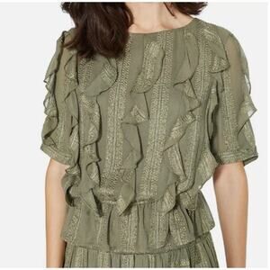 MISA Los Angeles Sedona Ruffle Blouse Womens XS Olive Green Metallic Gold Stripe
